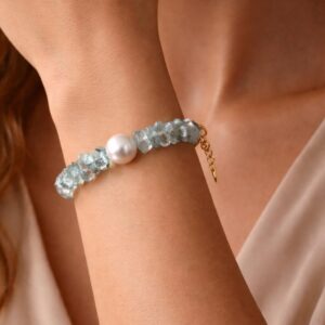 Pulseira água marinha e pérola 16cm + 4cm_